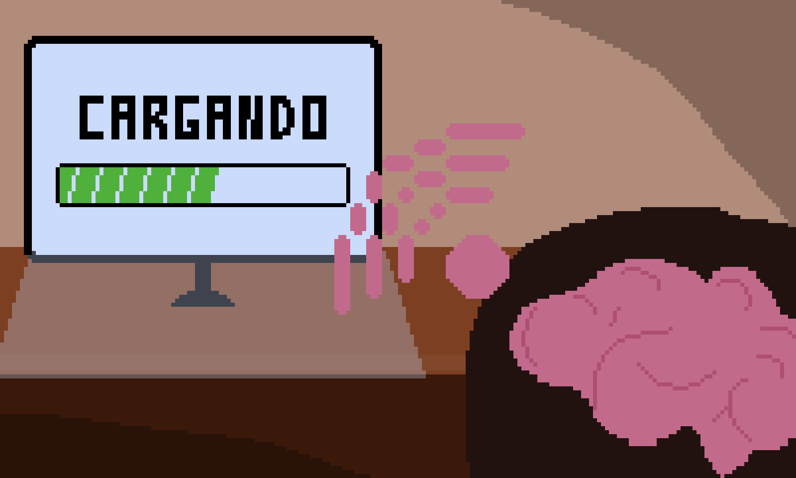 Píxel art de un cerebro descargando información a un monitor Píxel art de un cerebro enviando información a Internet
